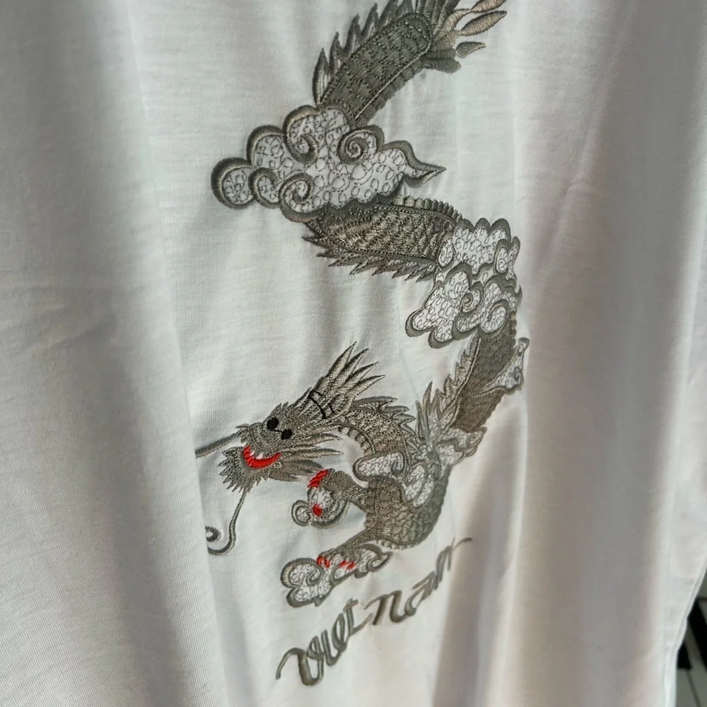 Vietnam Dragon Embroidered T-Shirt White Cotton Graphic Tee Men’s 3XL Travel - Picture 8 of 11